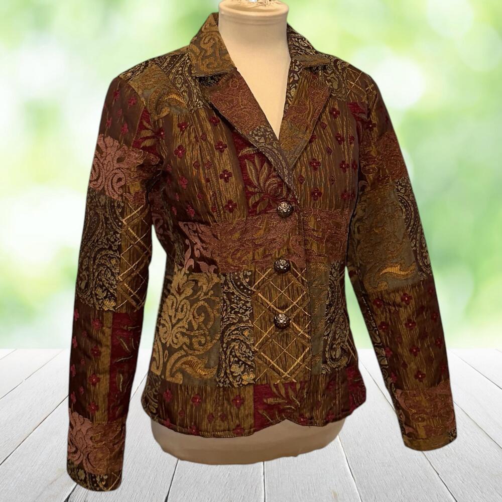 Vintage ELCC Tapestry Blazer Patchwork Paisley Metallic Boho Bronze Brown Size S
